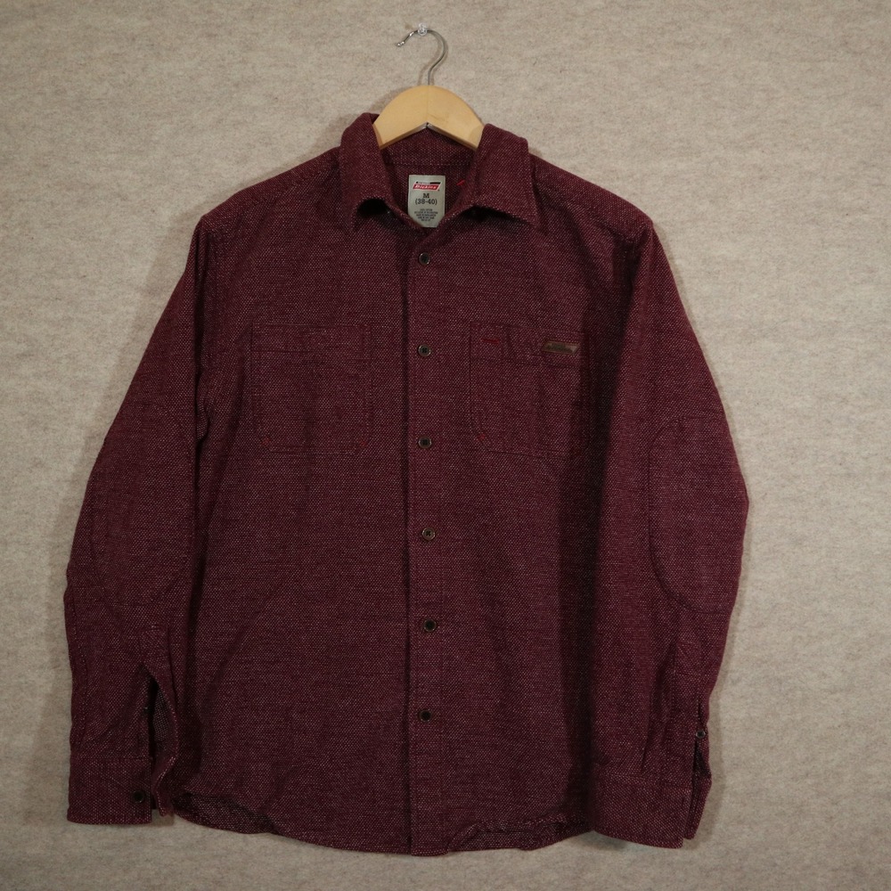 Genuine Dickies Mens Medium Burgundy Cotton Long Sleeve Button Down Work Shirt